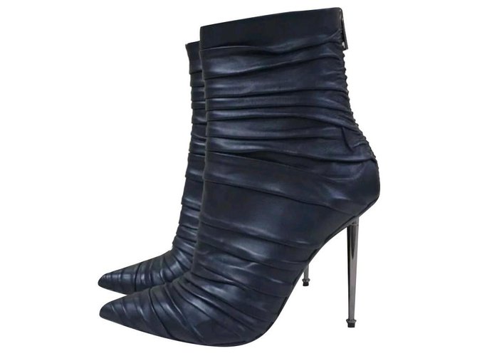 Tom Ford Spike Heels Draped Leather Gunmetal Zip Booties Sz. 39 Black   - Joli Closet