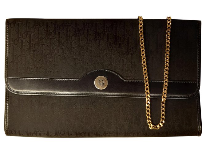 Christian Dior borsa nera a tracolla con catena Nero Pelle Panno  ref.224842