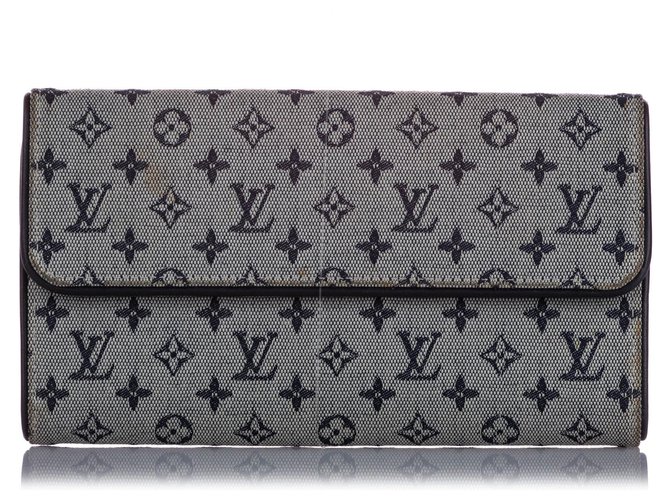 Portefeuille Louis Vuitton Gris Monogram Mini Lin Porte Tresor International Cuir Toile Veau façon poulain Tissu Bleu  ref.224962