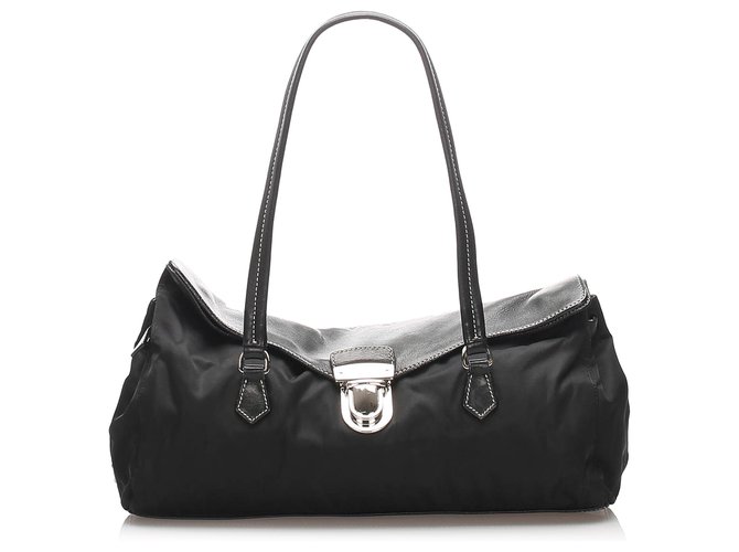 Prada Black Vintage Tessuto Metal Handle Shoulder Bag