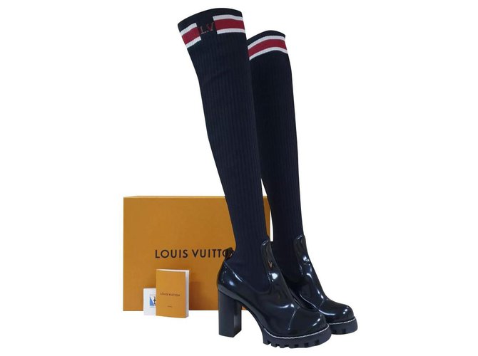 Louis Vuitton Patent Leather Knit Over Knee Boots Sz. 38,5 Black ref.225216  - Joli Closet
