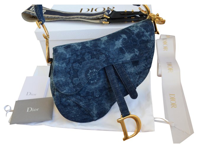 Bolsa Dior Saddle KaleiDiorscopic Azul Dourado Azul escuro Lona John  ref.225236