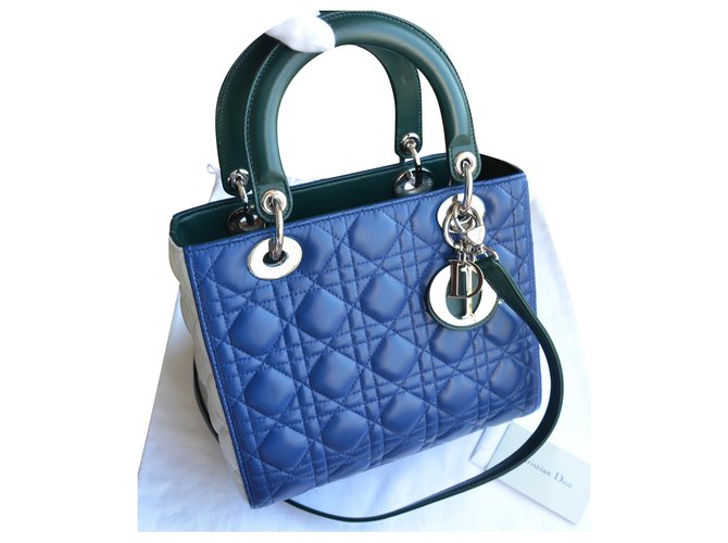 Bolsa Tricolor Média Lady Dior Christian Dior Prata Branco Azul Verde Azul marinho Couro  ref.225255