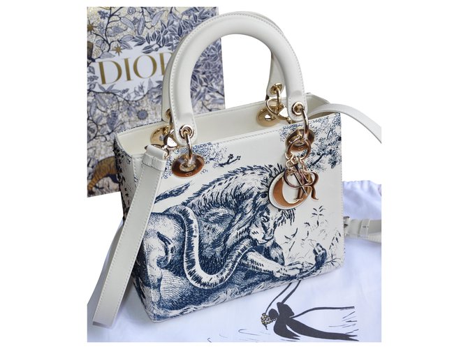 Bolsa Christian Dior Lady Dior com padrão Toile de Jouy Branco Dourado Fora de branco Azul escuro Couro  ref.225262