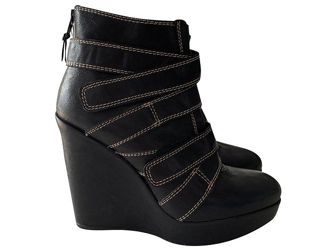 Stuart Weitzman Black Leather Wedge Ankle Boots