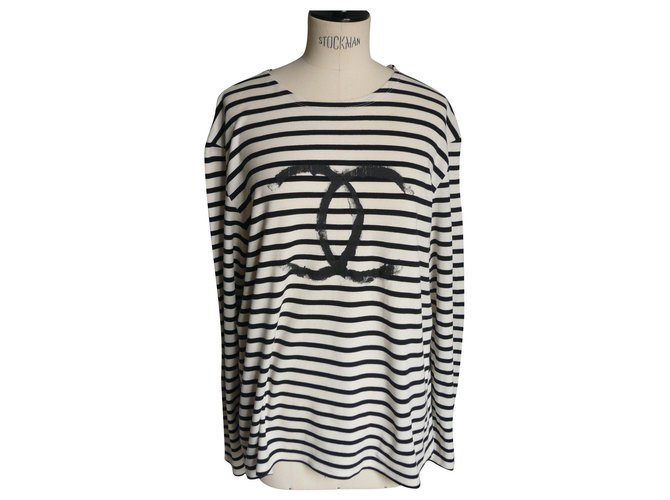 Chanel Black & White Stripe CC Uniform Top Sz L