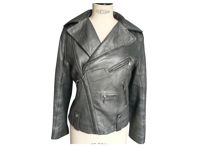 LOUIS VUITTON Silver iridescent anthracite leather jacket very good condition T40