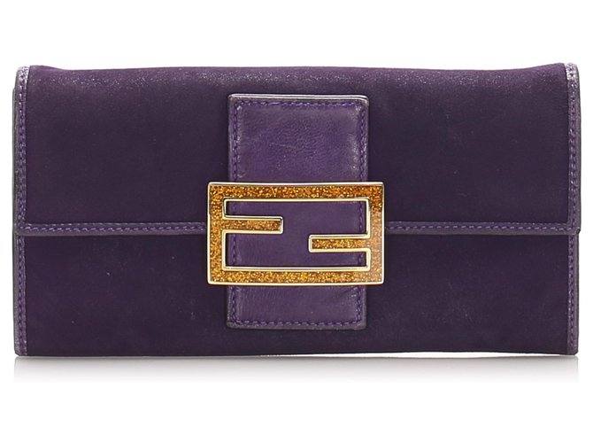 Fendi Purple Suede Leather Long Wallet Golden Pony-style calfskin  ref.225546