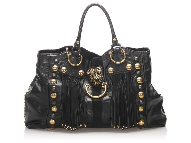 Gucci Black Studded Babouska Fringe Leather Tote Bag Golden Suede Pony-style calfskin  ref.225622