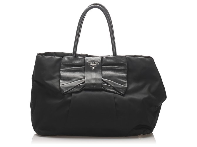 Prada Black Tessuto Bow Handbag Leather Pony-style calfskin Nylon Cloth  ref.225657