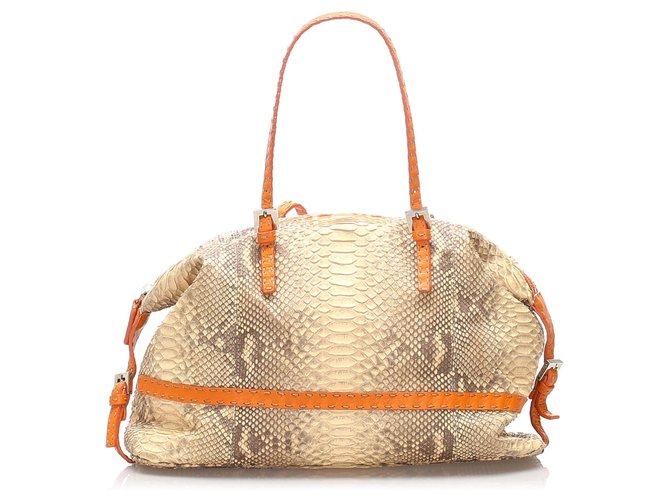 Fendi Brown Selleria Python Leather Shoulder Bag Beige Orange Pony-style calfskin  ref.225668