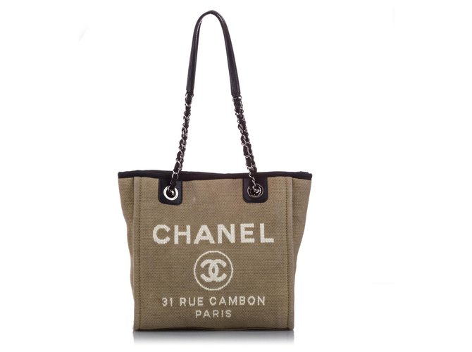 Chanel Brown Large Deauville Canvas Tote Bag Black Beige Leather