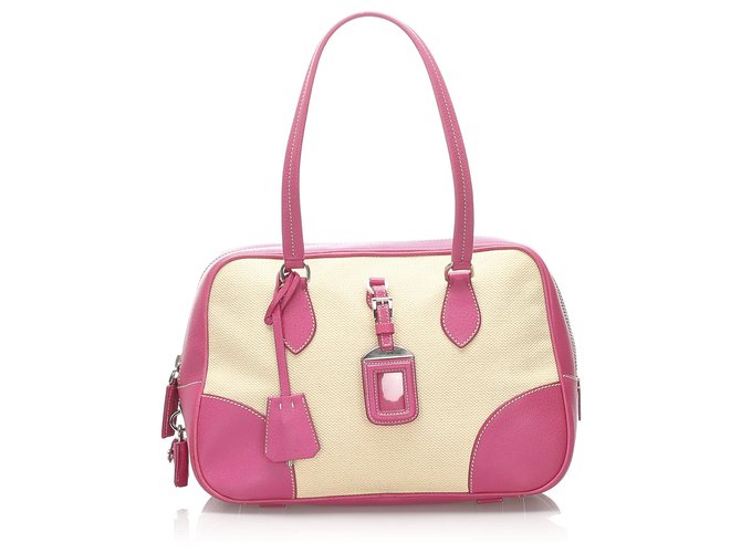 Prada Brown Canvas Handtasche Braun Pink Beige Leder Leinwand Kalbähnliches Kalb Tuch  ref.225893