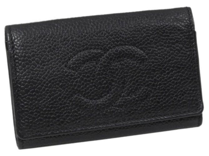Porta-chaves Chanel Black CC Caviar Preto Couro  ref.225903