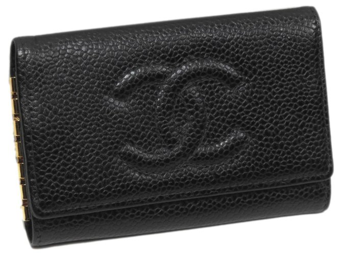 Porta-chaves Chanel Black CC Caviar Preto Couro  ref.225908