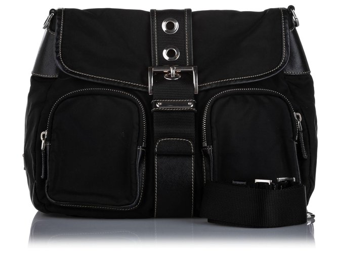 Prada Black Tessuto Crossbody Bag Leather Pony-style calfskin Nylon Cloth  ref.225911
