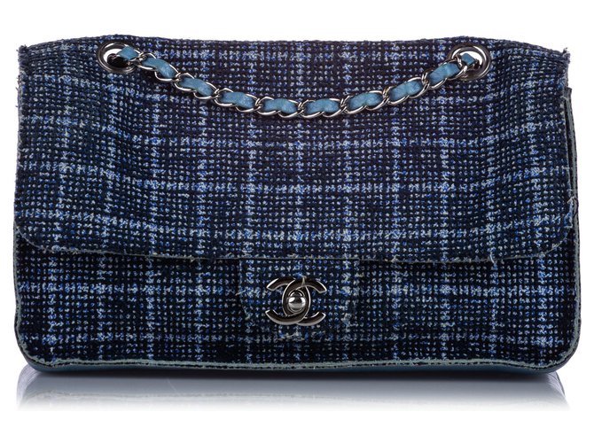 Bolso azul mediano de tweed con solapa y solapa de Chanel Paño  ref.225919
