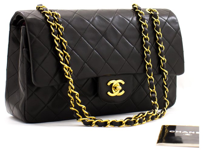 Chanel 2.55 lined flap 10" Classic Chain Shoulder Bag Black Purse Leather  ref.226131