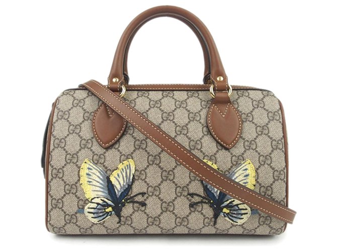 Gucci Brown GG Supreme Butterfly Embroidered Satchel Beige Leather Plastic Pony-style calfskin  ref.226352