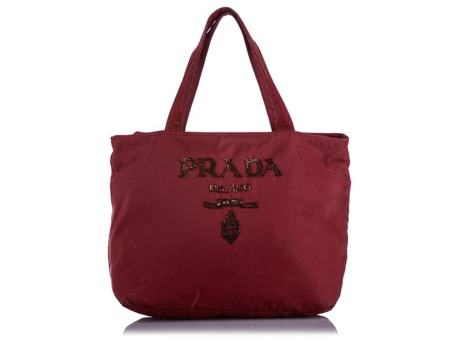 Prada Red Tessuto Embellished Tote Bag Nylon Cloth  ref.226369