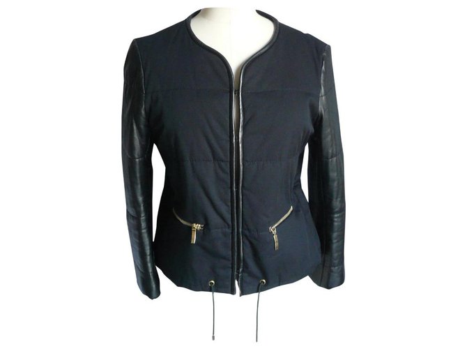 SANDRO Black bimaterial jacket with leather sleeves very good condition T.40 Cotton  ref.226420