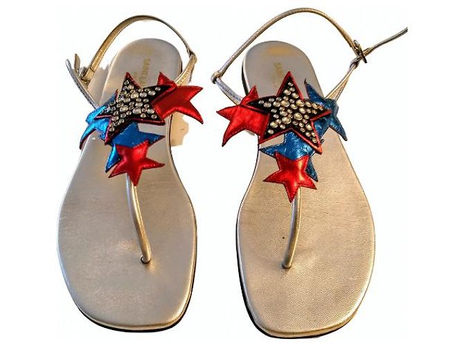 Saint Laurent Silver Leather Sandals Silvery