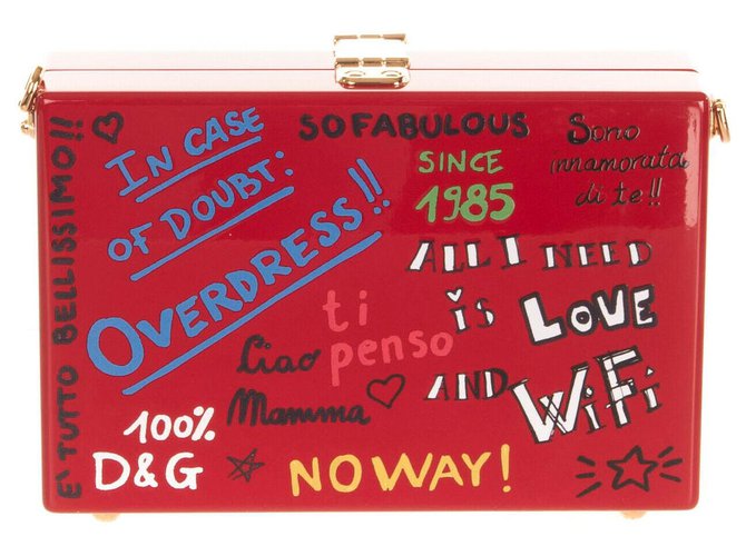 DOLCE & GABBANA Clutch Box Bag HANDGEFERTIGTER Wanddruck Made in Italy Rot Holz  ref.226691