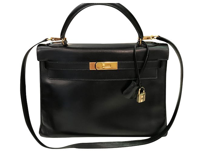Borsa a mano Hermès Kelly Box in pelle nera Nero
