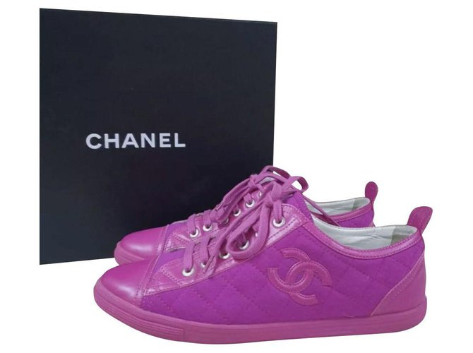 CHANEL Logo CC Pink Leather Fabric Lace Up Sneakers Sz.38  ref.227180
