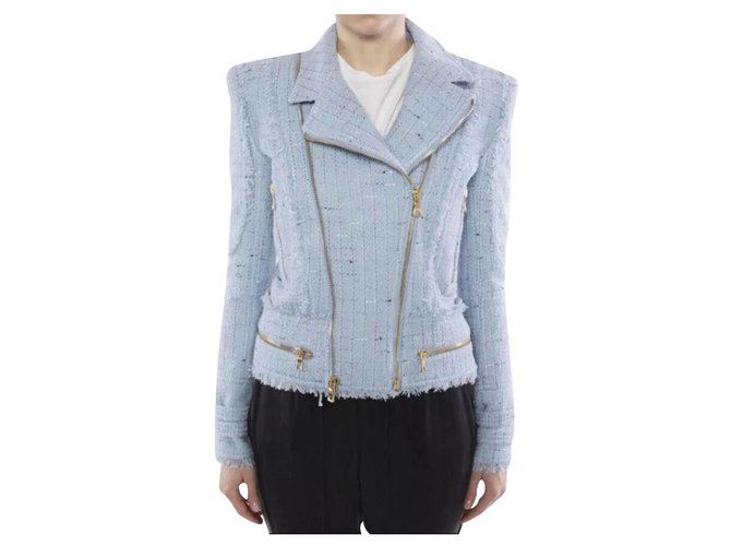 Chanel $2965 Balmain Woman Zip-detailed Cotton-blend Tweed Biker Jacket Sky Blue Sz 36 Light blue  ref.227202