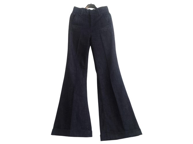 VINTAGE ▾ 7 for all Mankind Jeans a zampa a vita alta in lavaggio scuro. Blu navy Blu scuro Cotone Elastan  ref.227558