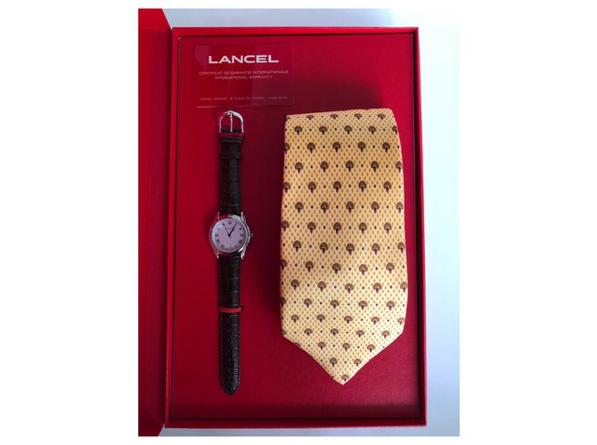 Lancel Watch and Lancel Tie Box Silvery Leather Silk Steel  ref.227590