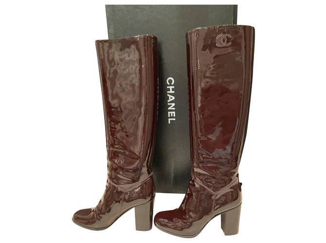 Chanel vinyl-style boots Dark brown Patent leather  ref.227604