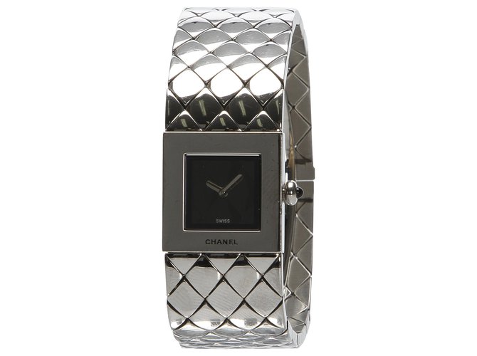 Chanel Silber gesteppte Mademoiselle Uhr Schwarz Stahl Metall  ref.227766