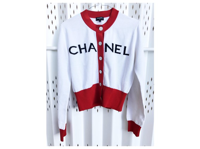 Chanel ikonisch 2019 Strickjacke Weiß Baumwolle  ref.227852