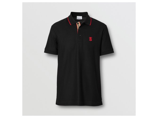BURBERRY Icon Stripe Placket Cotton Piqué Polo Shirt Black  ref.227871