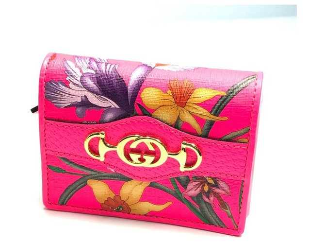 GUCCI InterlockingG Flora Print Mens Folded wallet 536353 92XAX neon pink Leather Plastic  ref.228078