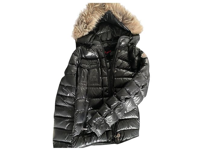 Moncler Black Varnished Down Jacket with Fur