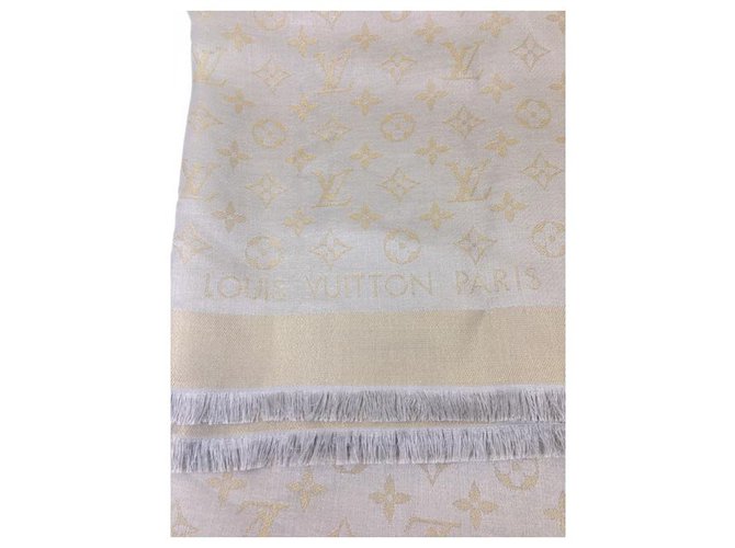 Louis Vuitton Shine Monogramme Soie Polyester Laine Viscose Beige Gris Bijouterie dorée  ref.228502