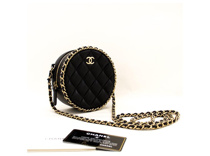 CHANEL Round Mini Small Chain Shoulder Bag Crossbody Black Quilted Leather  ref.228516