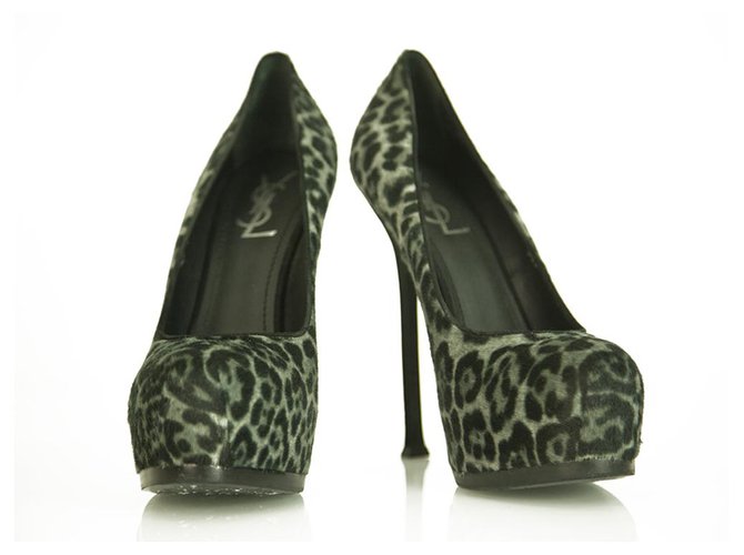 Yves Saint Laurent Gray Leopard Calf Hair Tribute Tribtoo Heels Pumps 40 shoes Grey Fur  ref.228566