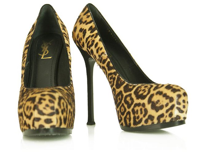 Yves Saint Laurent - Escarpins à talons tribtoo en poil de veau léopard marron 40 chaussures Fourrure  ref.228575