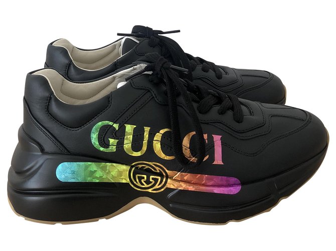 Zapatillas negras Gucci Rhyton con logo multicolor Negro Cuero  ref.228854