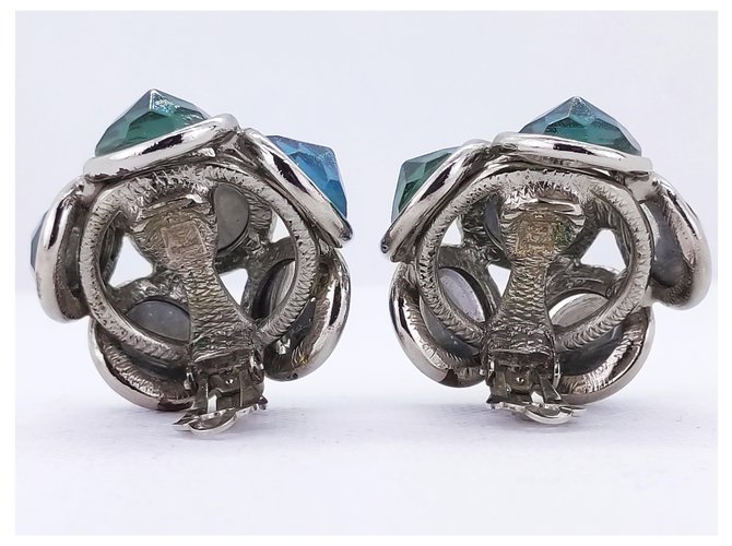 Yves Saint Laurent multi stone earrings Silvery Turquoise Steel  ref.229031