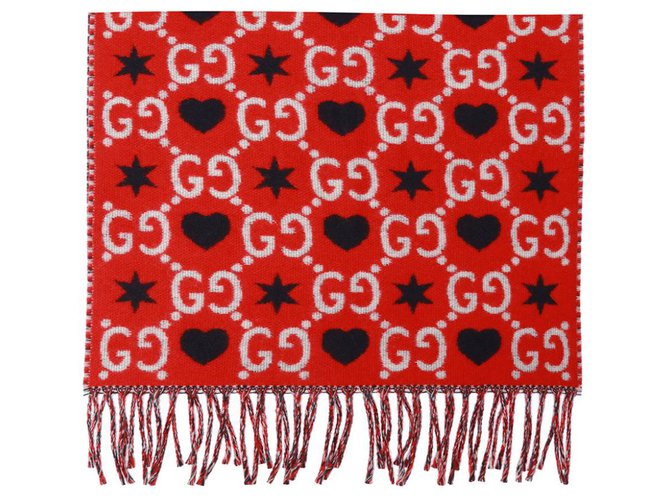 GUCCI HEART SCARF lined FACE 30 x 200 cm New White Red Dark blue Wool  ref.229061