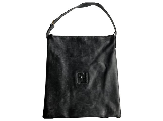 Fendi Large Embossed Leather Shoulder Bag Black