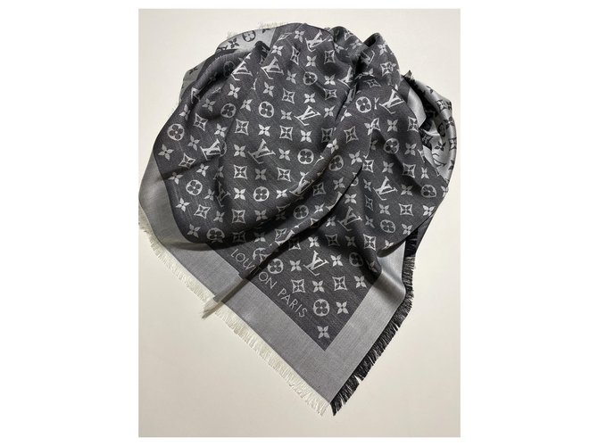 Chal de mezclilla con monograma de Louis Vuitton Negro Seda Lana  ref.229188