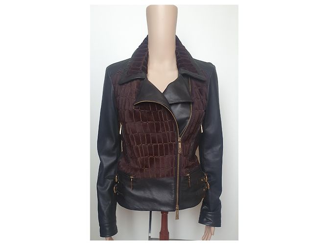 Giacca in pelle Just Cavalli Manifique Nera e Marrone Scuro Nero