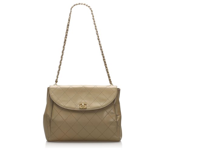 Chanel Brown Wild Stitch Leather Shoulder Bag Beige Pony-style calfskin  ref.229425