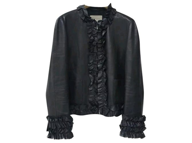 Gucci Black Ruffle leather jacket Sz 44  ref.229512